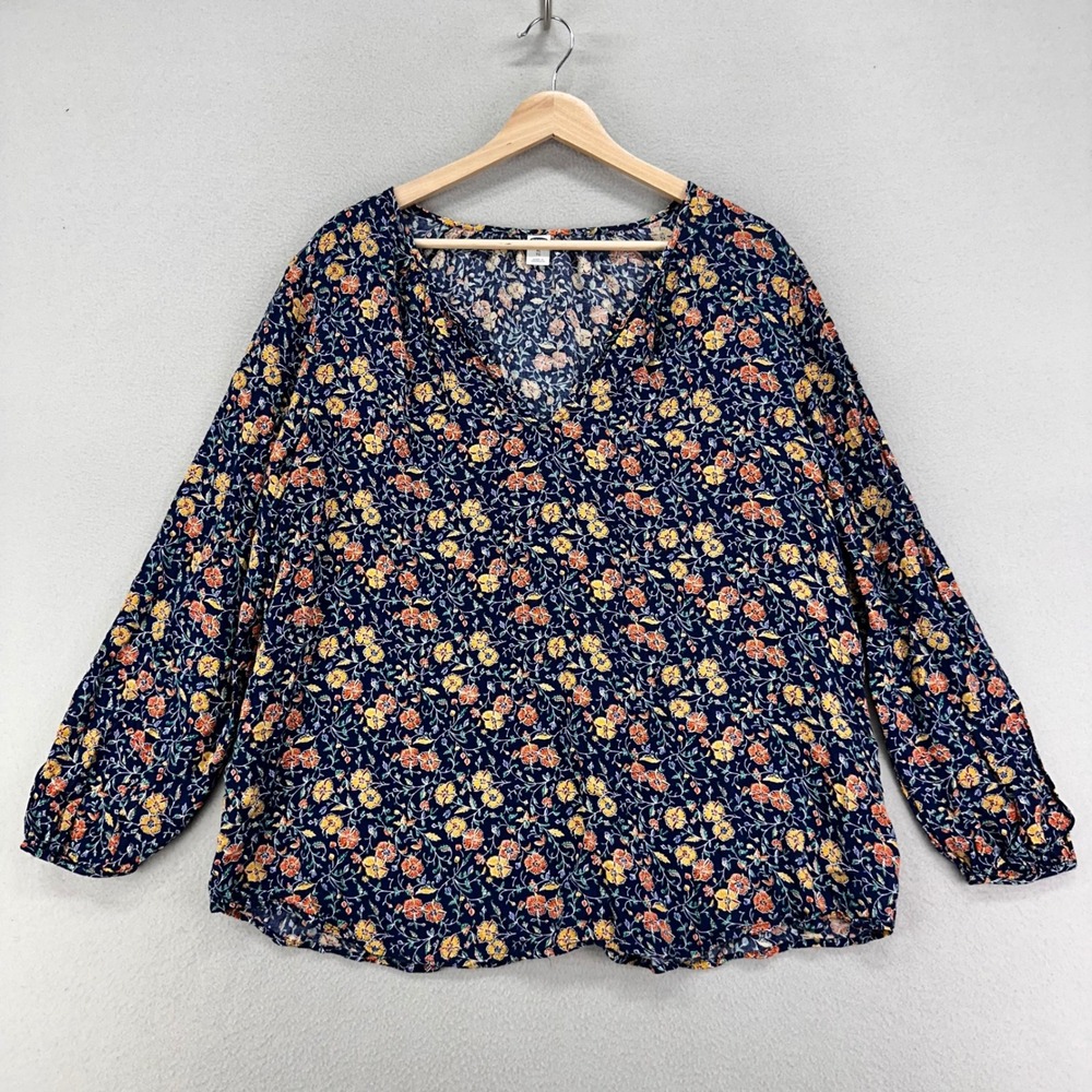 Old Navy Floral Blouse‎ Womens XL Blue Long Sleeve V-Neck Bishop Sleeve Flowy
